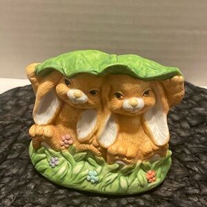 Two Bunny Figurine with Leaf Canopy - Yellow and Green